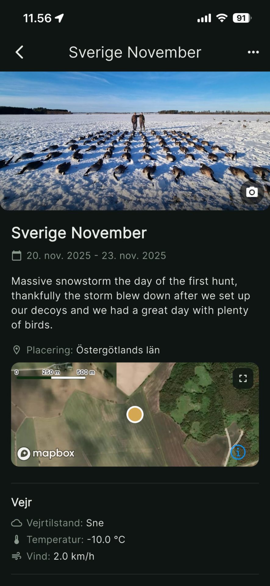 Detailed hunt view with weather and notes